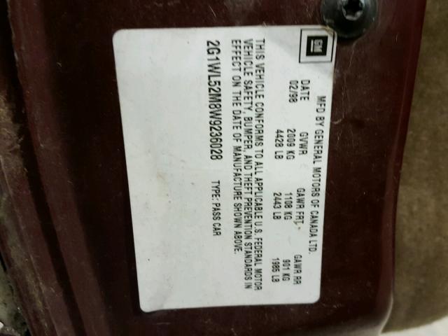 2G1WL52M8W9236028 - 1998 CHEVROLET LUMINA BAS MAROON photo 10