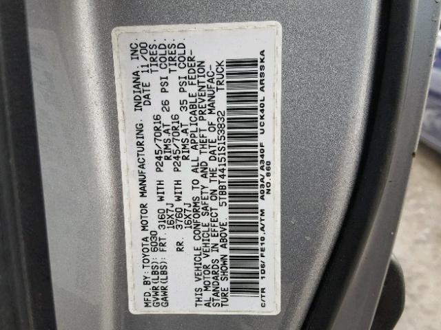 5TBBT44151S153832 - 2001 TOYOTA TUNDRA ACC GRAY photo 10
