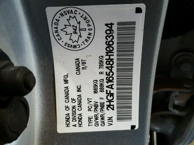 2HGFA16548H106394 - 2008 HONDA CIVIC LX SILVER photo 10