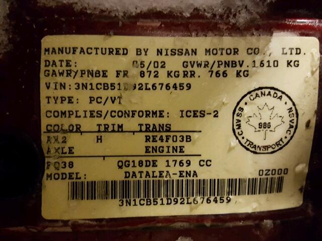 3N1CB51D92L676459 - 2002 NISSAN SENTRA XE RED photo 10