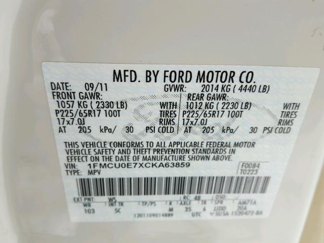 1FMCU0E7XCKA63859 - 2012 FORD ESCAPE LIM WHITE photo 10