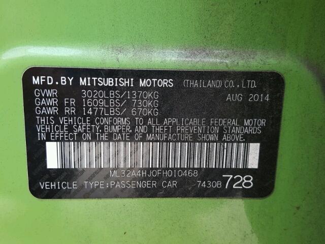 ML32A4HJ0FH010468 - 2015 MITSUBISHI MIRAGE ES GREEN photo 10