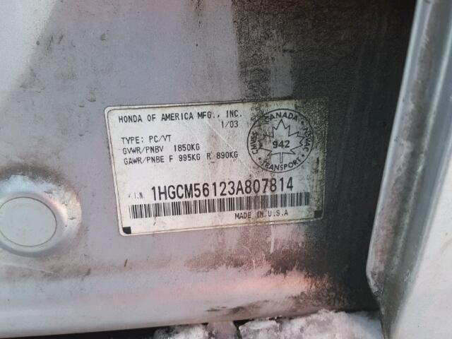 1HGCM56123A807814 - 2003 HONDA ACCORD DX SILVER photo 10