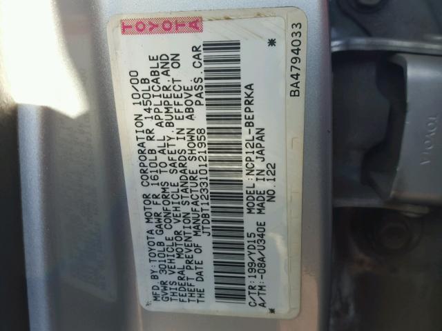 JTDBT123310121958 - 2001 TOYOTA ECHO SILVER photo 10