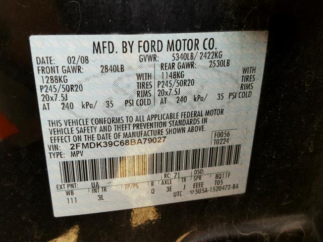 2FMDK39C68BA79027 - 2008 FORD EDGE LIMIT BLACK photo 10