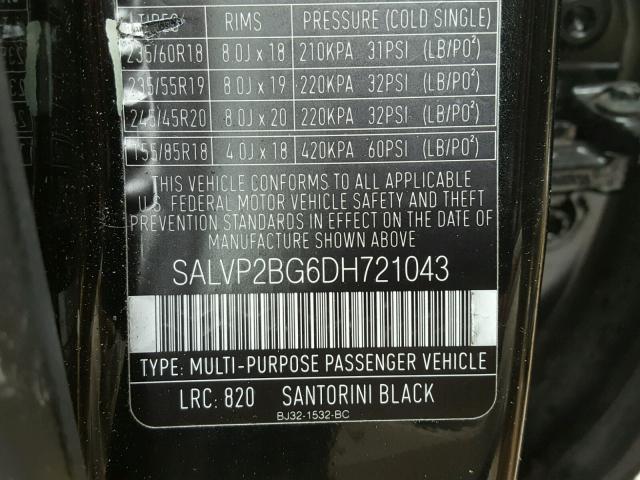 SALVP2BG6DH721043 - 2013 LAND ROVER RANGE ROVE BLACK photo 10