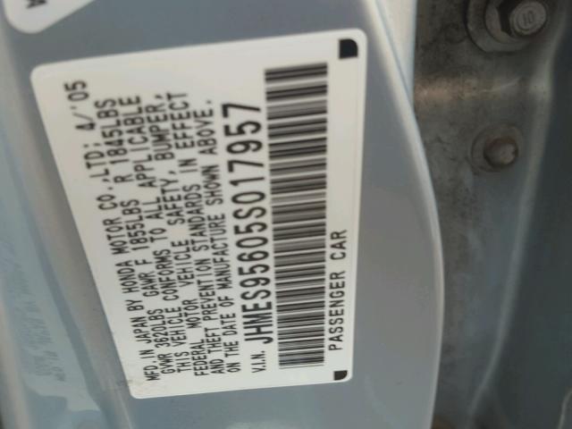 JHMES95605S017957 - 2005 HONDA CIVIC HYBR BLUE photo 10