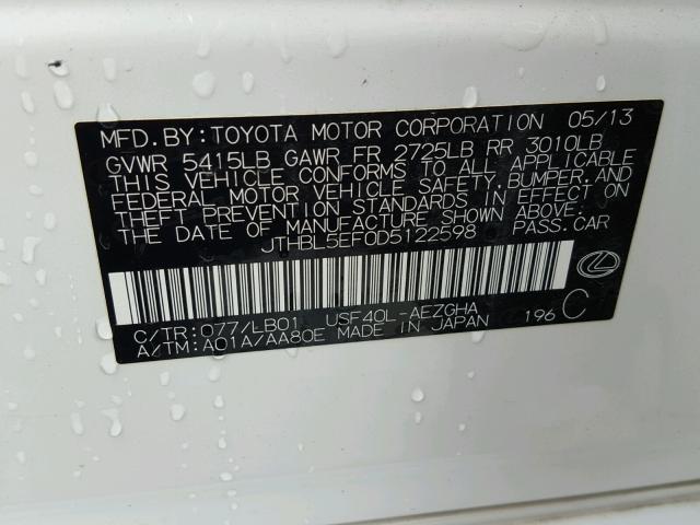 JTHBL5EF0D5122598 - 2013 LEXUS LS 460 WHITE photo 10