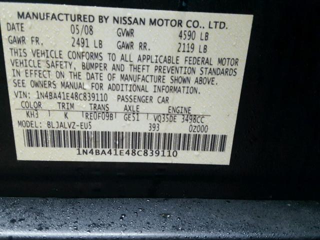 1N4BA41E48C839110 - 2008 NISSAN MAXIMA SE BLACK photo 10