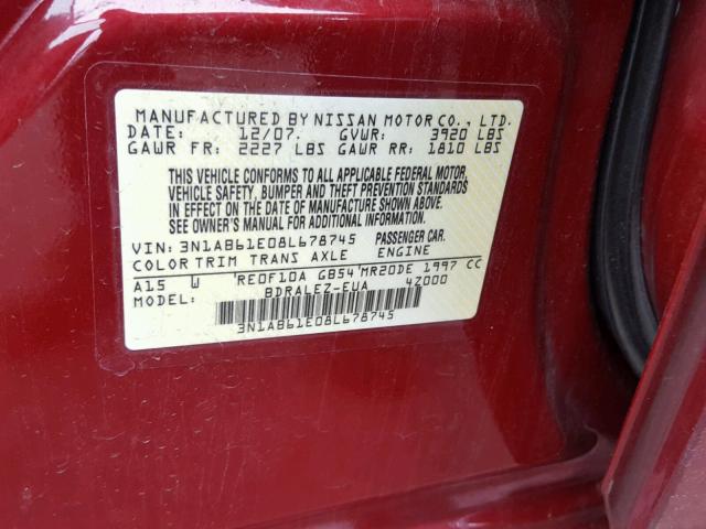 3N1AB61E08L678745 - 2008 NISSAN SENTRA 2.0 RED photo 10