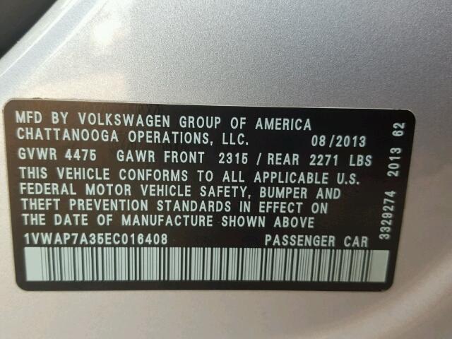 1VWAP7A35EC016408 - 2014 VOLKSWAGEN PASSAT S فضي صورة 10