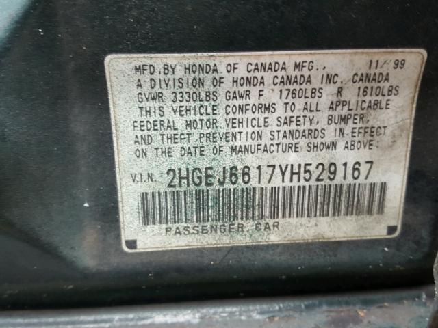 2HGEJ6617YH529167 - 2000 HONDA CIVIC BASE GREEN photo 10