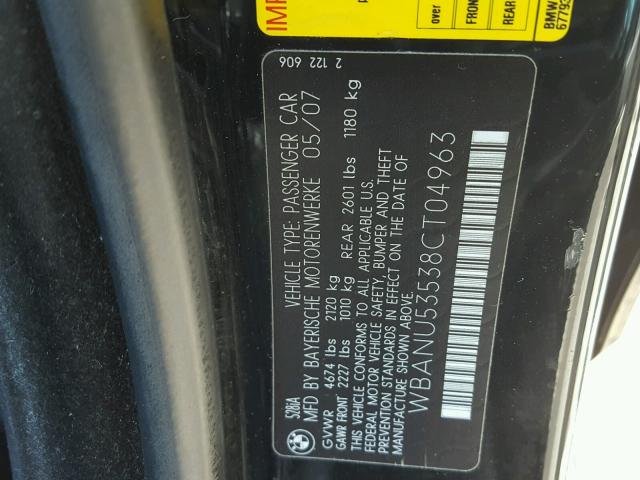 WBANU53538CT04963 - 2008 BMW 528 I BLACK photo 10