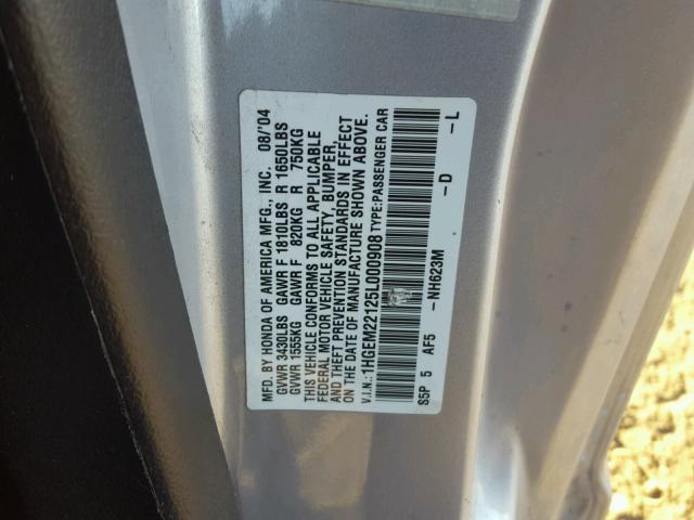 1HGEM22125L000908 - 2005 HONDA CIVIC DX V SILVER photo 10