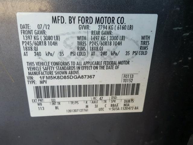 1FM5K8D85DGA87367 - 2013 FORD EXPLORER X GRAY photo 10