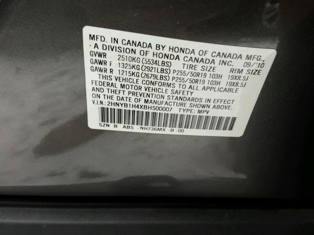 2HNYB1H4XBH500007 - 2011 ACURA ZDX TECHNO GRAY photo 10