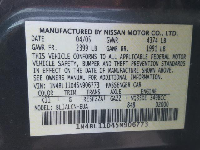 1N4BL11D45N906773 - 2005 NISSAN ALTIMA SE CHARCOAL photo 10