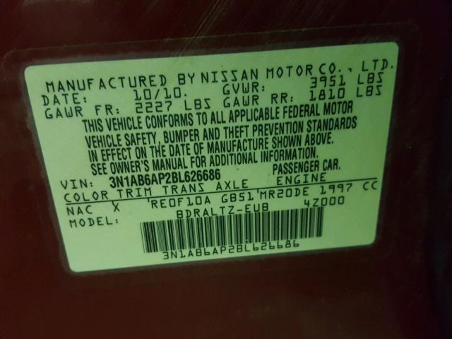 3N1AB6AP2BL626686 - 2011 NISSAN SENTRA 2.0 MAROON photo 10