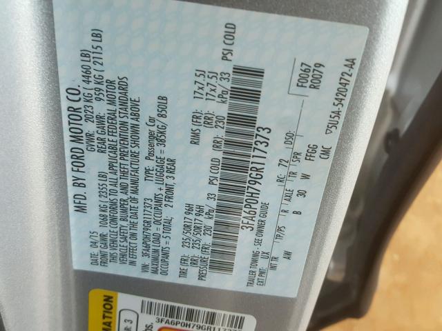 3FA6P0H79GR117373 - 2016 FORD FUSION SE SILVER photo 10