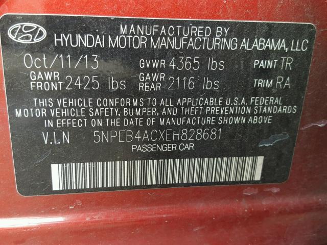 5NPEB4ACXEH828681 - 2014 HYUNDAI SONATA GLS RED photo 10