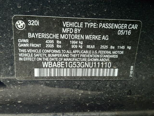 WBA8E1G53GNU11110 - 2016 BMW 320 I BLUE photo 10