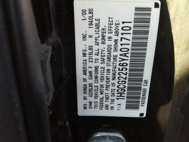 1HGCG2256YA017101 - 2000 HONDA ACCORD EX BLACK photo 10