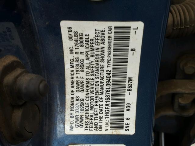 1HGFA16876L094042 - 2006 HONDA CIVIC EX BLUE photo 10