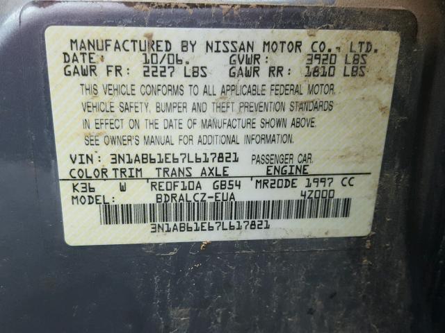 3N1AB61E67L617821 - 2007 NISSAN SENTRA 2.0 SILVER photo 10