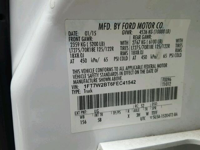 1FT7W2BT6FEC41542 - 2015 FORD F250 SUPER WHITE photo 10