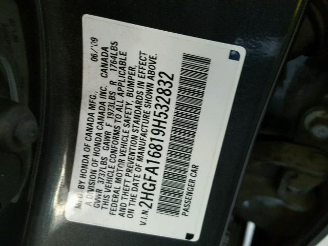 2HGFA16819H532832 - 2009 HONDA CIVIC EX 灰色 照片 10
