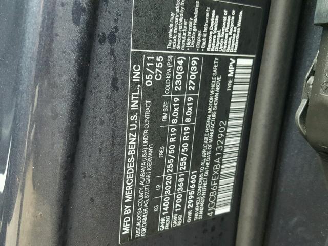 4JGCB6FEXBA132902 - 2011 MERCEDES-BENZ R 350 4MAT GRAY photo 10