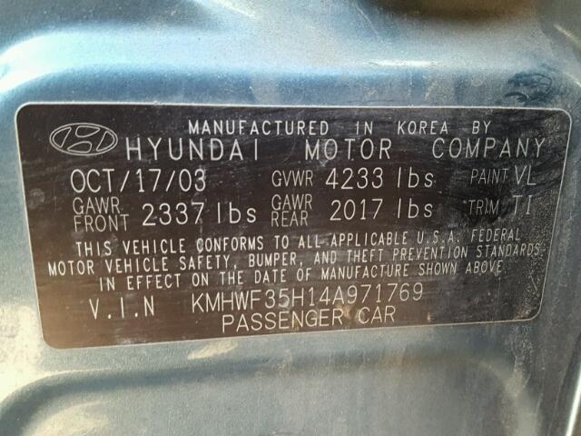 KMHWF35H14A971769 - 2004 HYUNDAI SONATA GLS BLUE photo 10