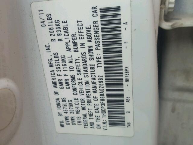 1HGCP3F88BA026982 - 2011 HONDA ACCORD EXL WHITE photo 10