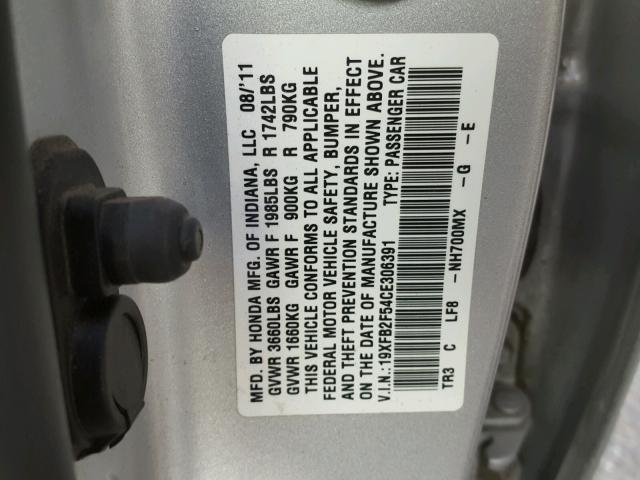 19XFB2F54CE306391 - 2012 HONDA CIVIC LX SILVER photo 10