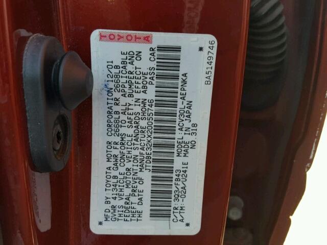 JTDBE32KX20055746 - 2002 TOYOTA CAMRY LE წითელი ფოტო 10