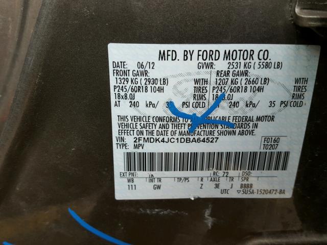 2FMDK4JC1DBA64527 - 2013 FORD EDGE SEL GRAY photo 10