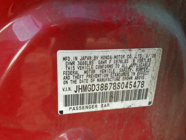 JHMGD38678S045478 - 2008 HONDA FIT SPORT RED photo 10