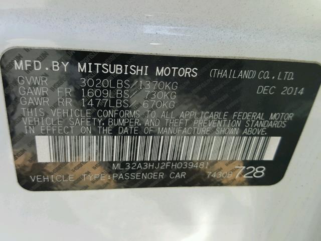 ML32A3HJ2FH039481 - 2015 MITSUBISHI MIRAGE DE WHITE photo 10