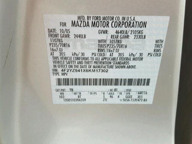 4F2YZ941X6KM17302 - 2006 MAZDA TRIBUTE S SILVER photo 10