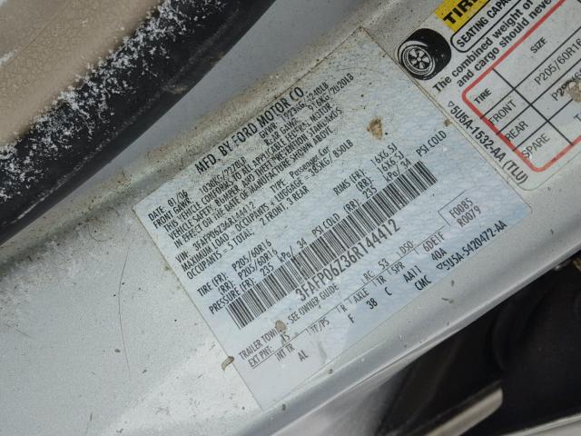 3FAFP06Z36R144412 - 2006 FORD FUSION S SILVER photo 10