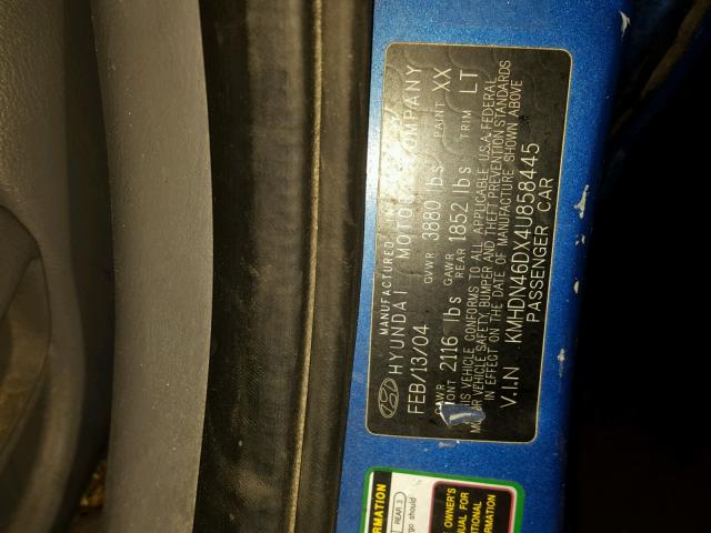 KMHDN46DX4U858445 - 2004 HYUNDAI ELANTRA GL BLUE photo 10