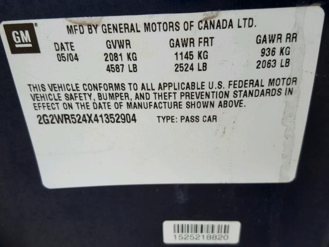 2G2WR524X41352904 - 2004 PONTIAC GRAND PRIX BLUE photo 10