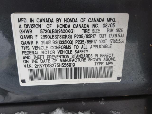 2HNYD18275H556919 - 2005 ACURA MDX GRAY photo 10