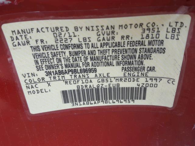 3N1AB6AP9BL696959 - 2011 NISSAN SENTRA 2.0 RED photo 10