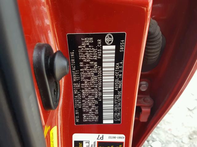 4T1BF1FK6CU533047 - 2012 TOYOTA CAMRY BASE RED photo 10