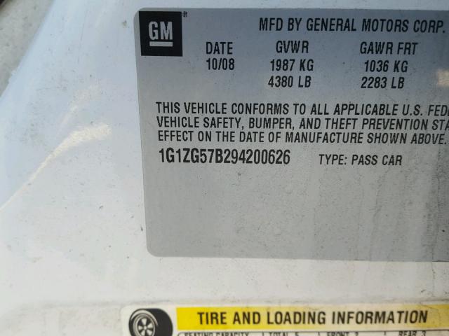 1G1ZG57B294200626 - 2009 CHEVROLET MALIBU LS WHITE photo 10