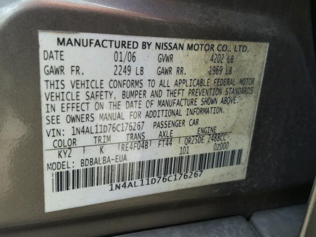 1N4AL11D76C176267 - 2006 NISSAN ALTIMA S TAN photo 10