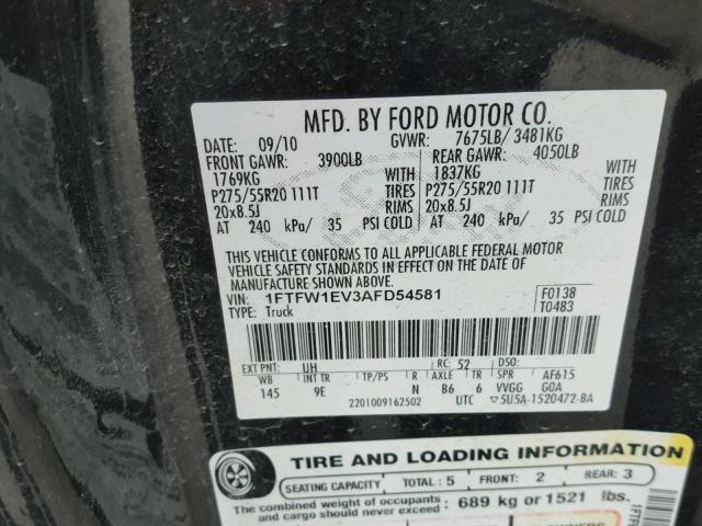 1FTFW1EV3AFD54581 - 2010 FORD F150 SUPER BLACK photo 10