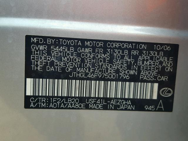 JTHGL46F975001796 - 2007 LEXUS LS 460L SILVER photo 10