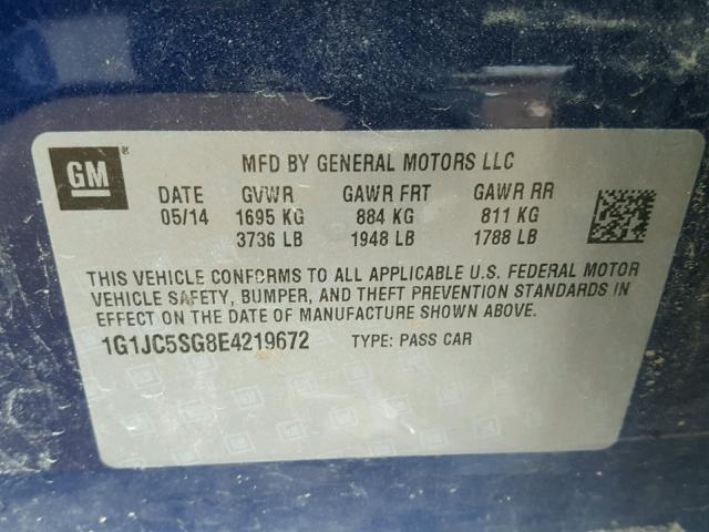 1G1JC5SG8E4219672 - 2014 CHEVROLET SONIC LT BLUE photo 10